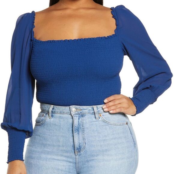 Reformation Pinto Caspian Blue Smocked Square Neck Long Sleeve Top Size 3X - Picture 2 of 4